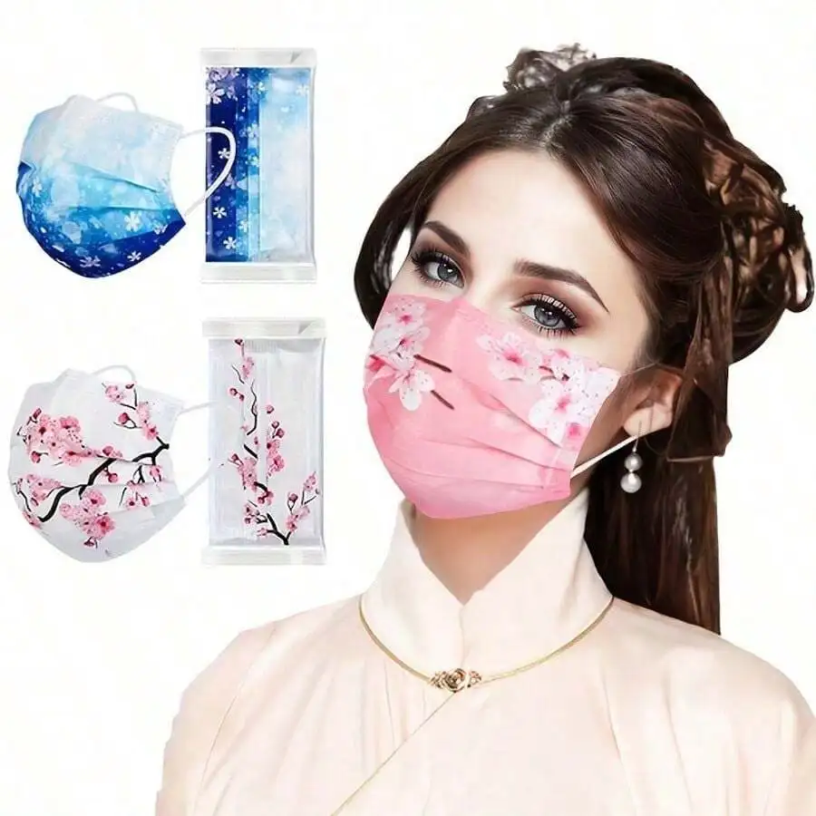 10pcs Floral Sakura Print 3-Pl - Disposable Mask Blue recensione e prezzo